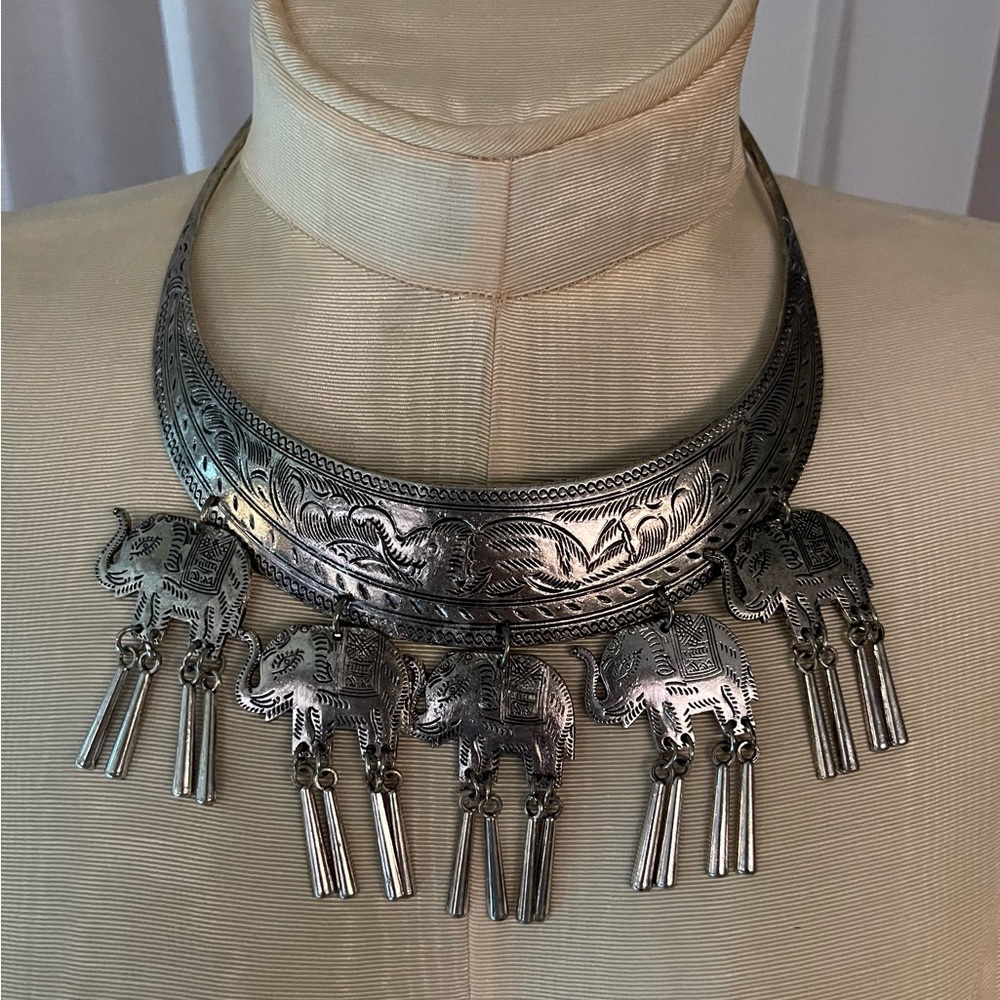 Bohemian Style Silver Elephant Necklace Brass Boho Jewelry